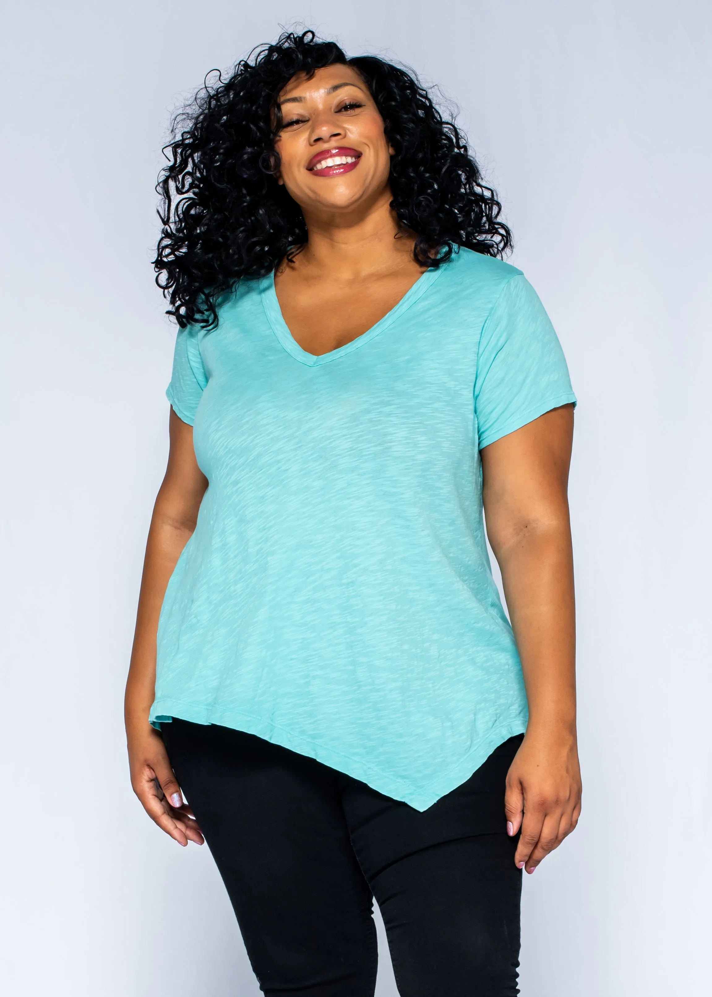 Short Sleeve Tunic Double Slant Hem V-Neck