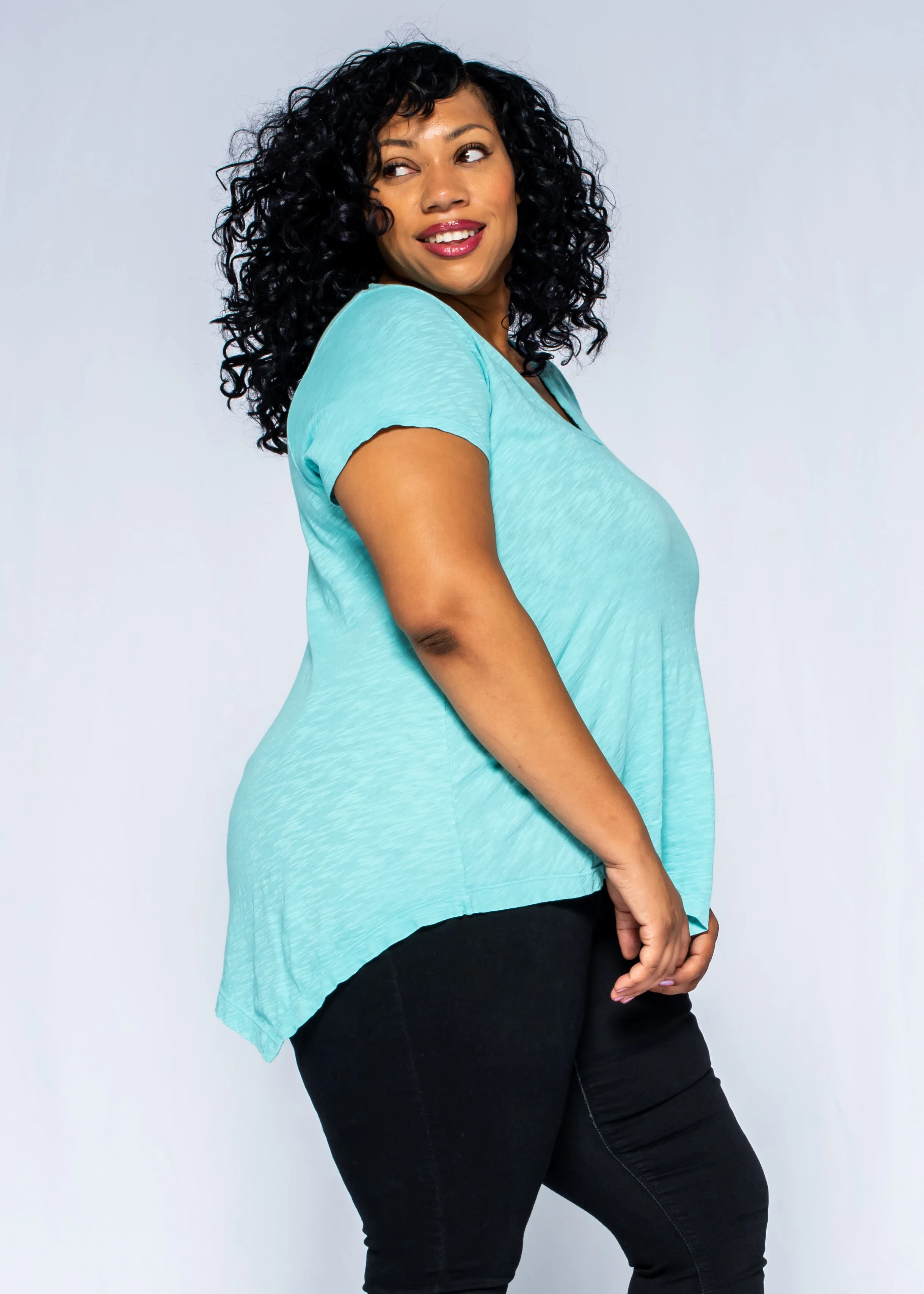 Short Sleeve Tunic Double Slant Hem V-Neck