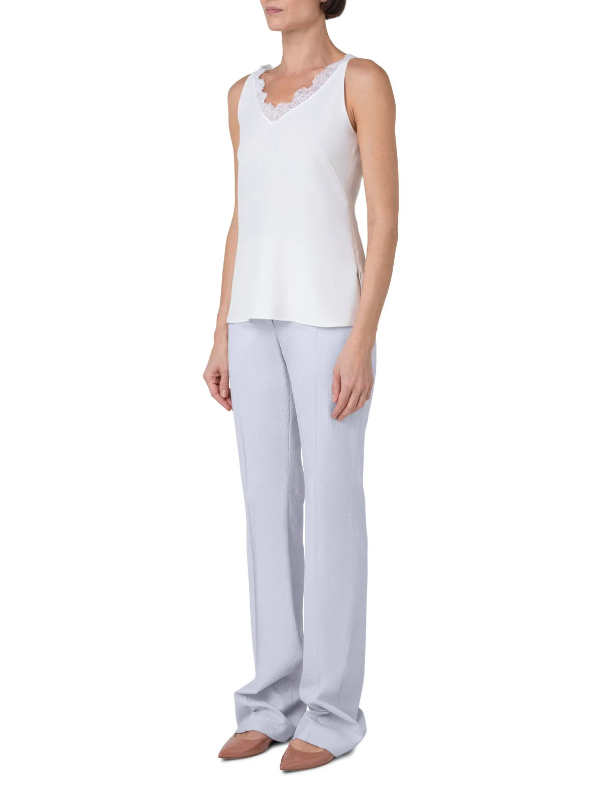Silk Crêpe V-Neck Top with Lace