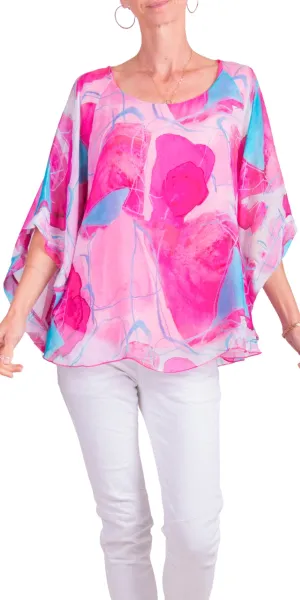 Silk Top w/ Abstract & Ink Lines/HOT PINK