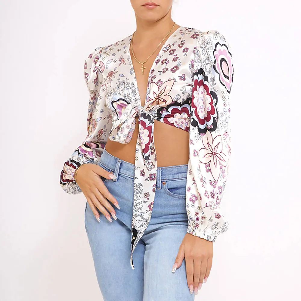 Silk wrap/tie puff long sleeve top