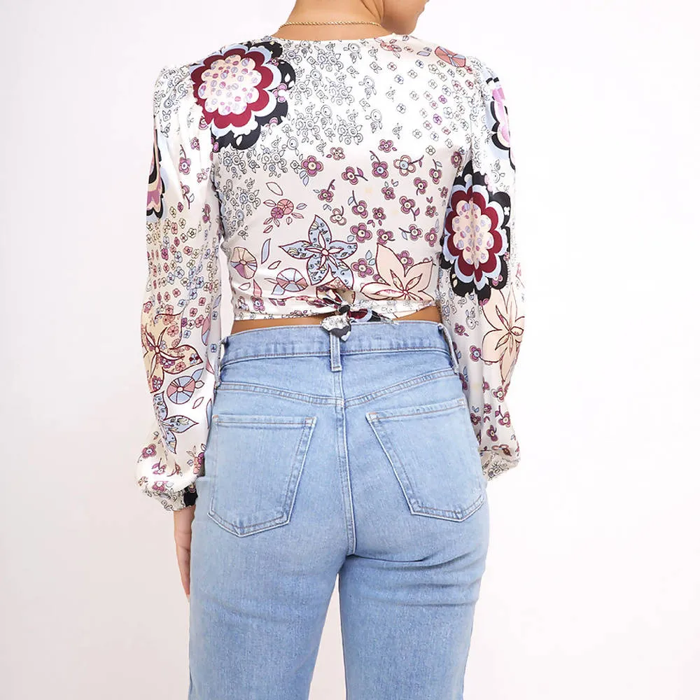 Silk wrap/tie puff long sleeve top
