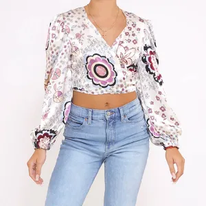 Silk wrap/tie puff long sleeve top