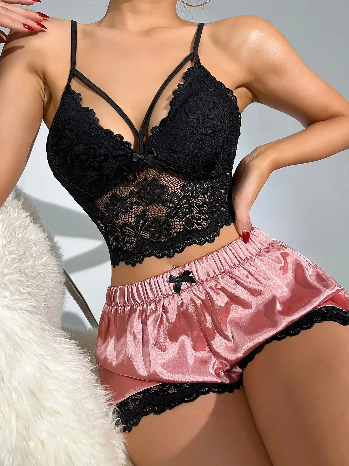 SilkySpell Floral Lace Bow Front Satin PJ Set / Pajama Set