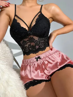SilkySpell Floral Lace Bow Front Satin PJ Set / Pajama Set