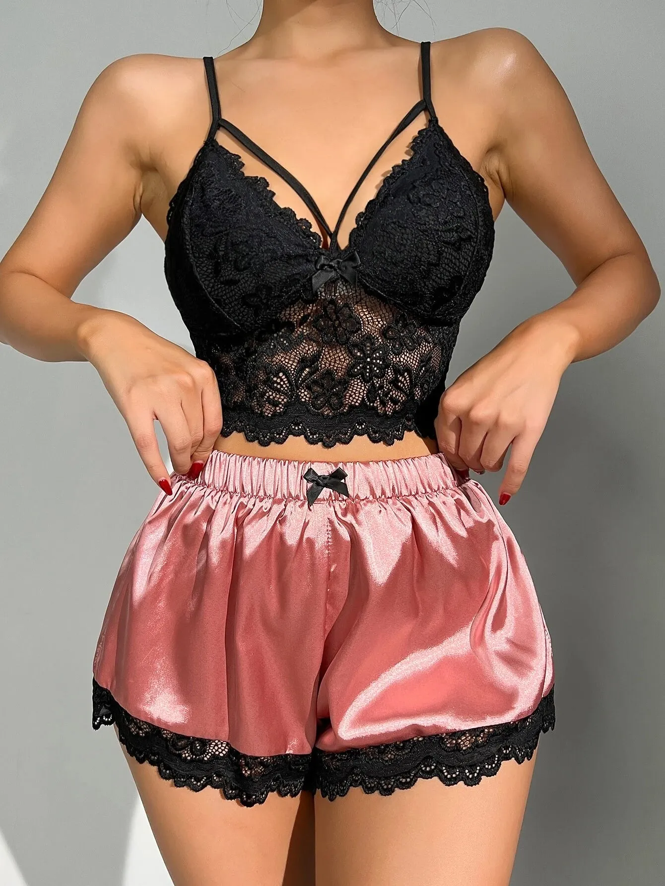 SilkySpell Floral Lace Bow Front Satin PJ Set / Pajama Set