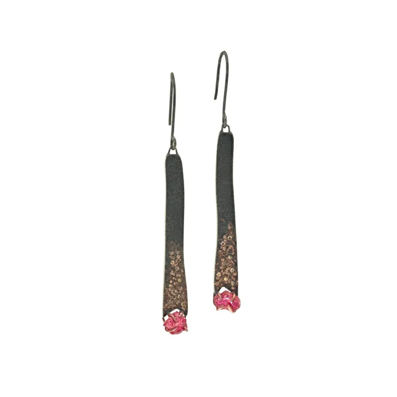 Silver and Rose Gold Earrings with Rough Rubies & Diamonds