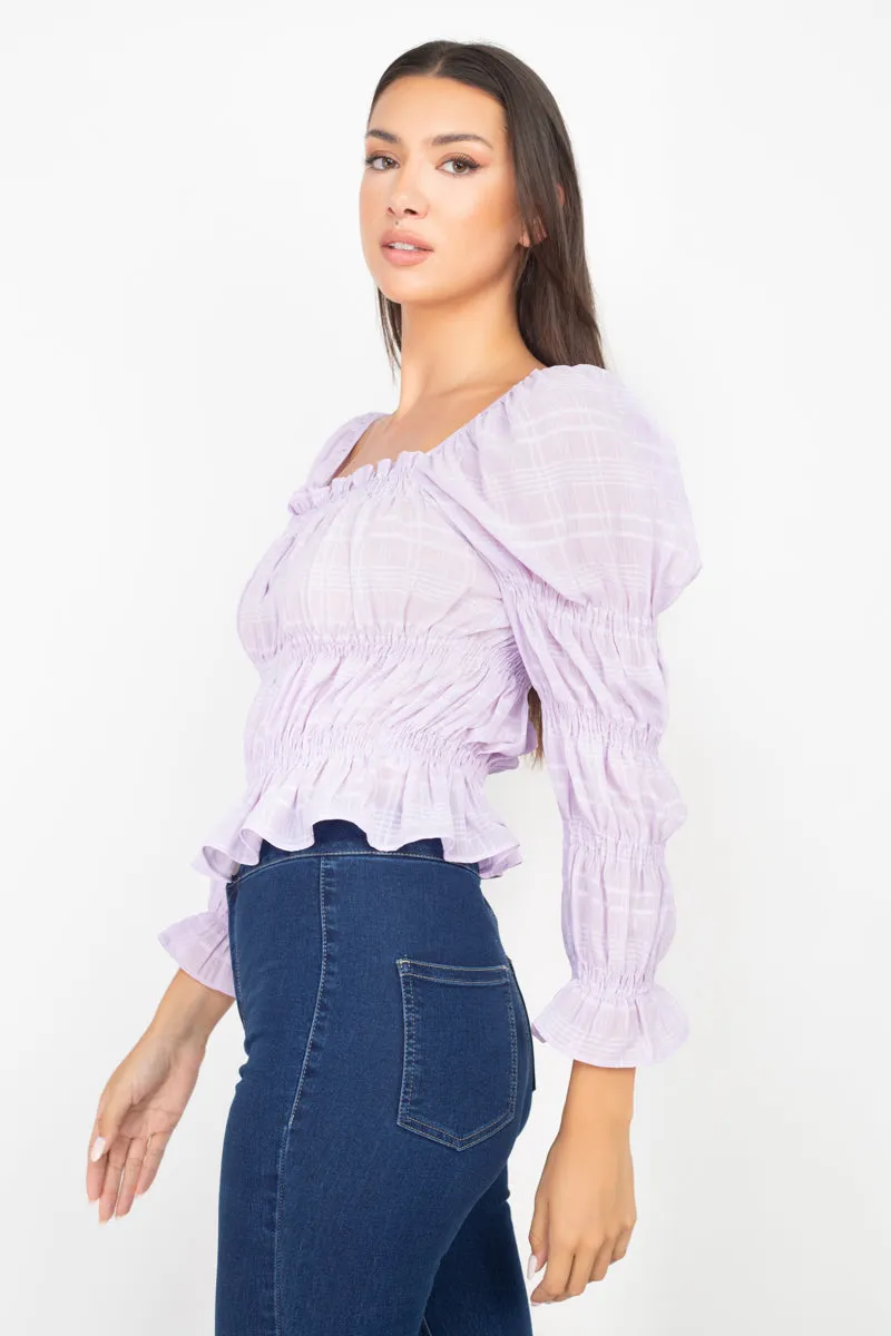 Smocking Plaid Pattern Crop Top