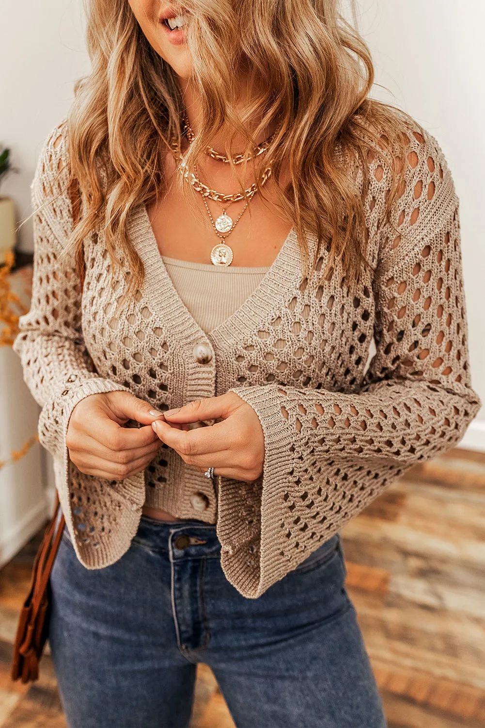 Smoke Gray Pointelle Knit V Neck Button Up Crop Cardigan