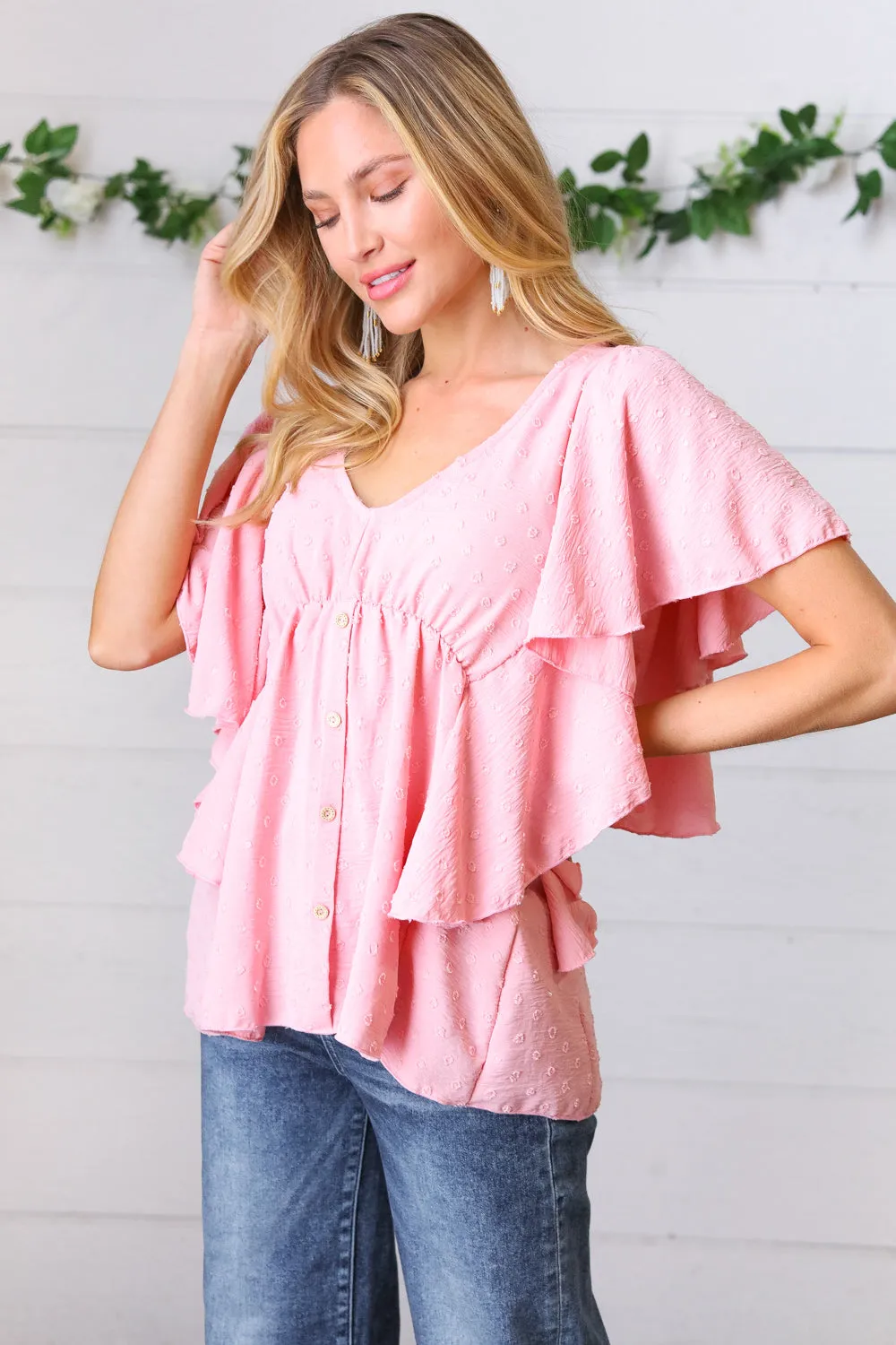Soft Pink Swiss Dot Ruffle Woven Top