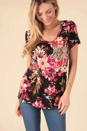 Southern Lights - Floral Sequin Pocket Top Black
