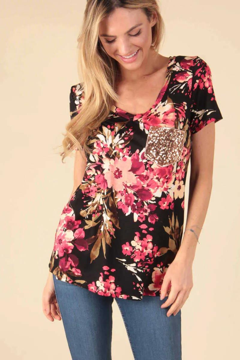 Southern Lights - Floral Sequin Pocket Top Black