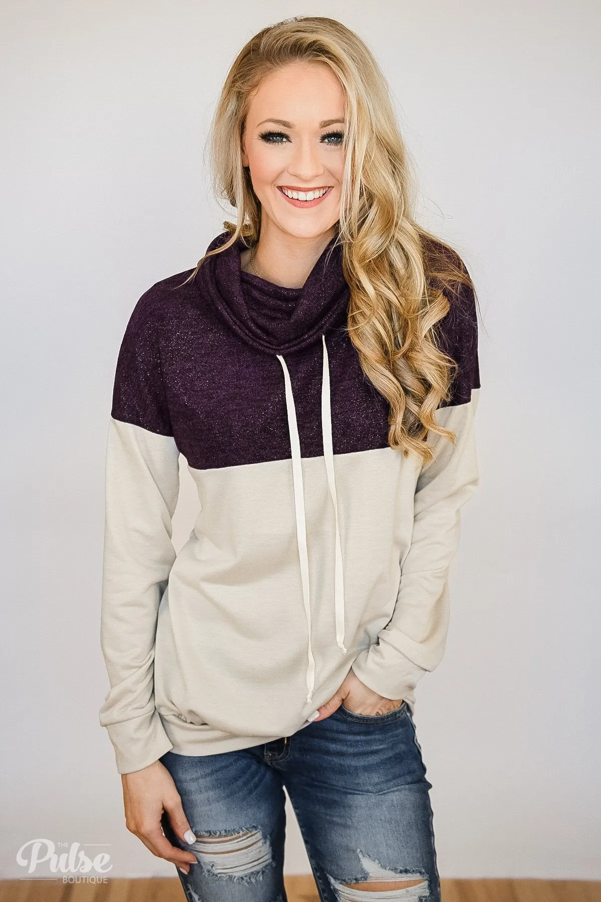 Sparkle Where You Are Cowl Neck Top- Eggplant & Beige