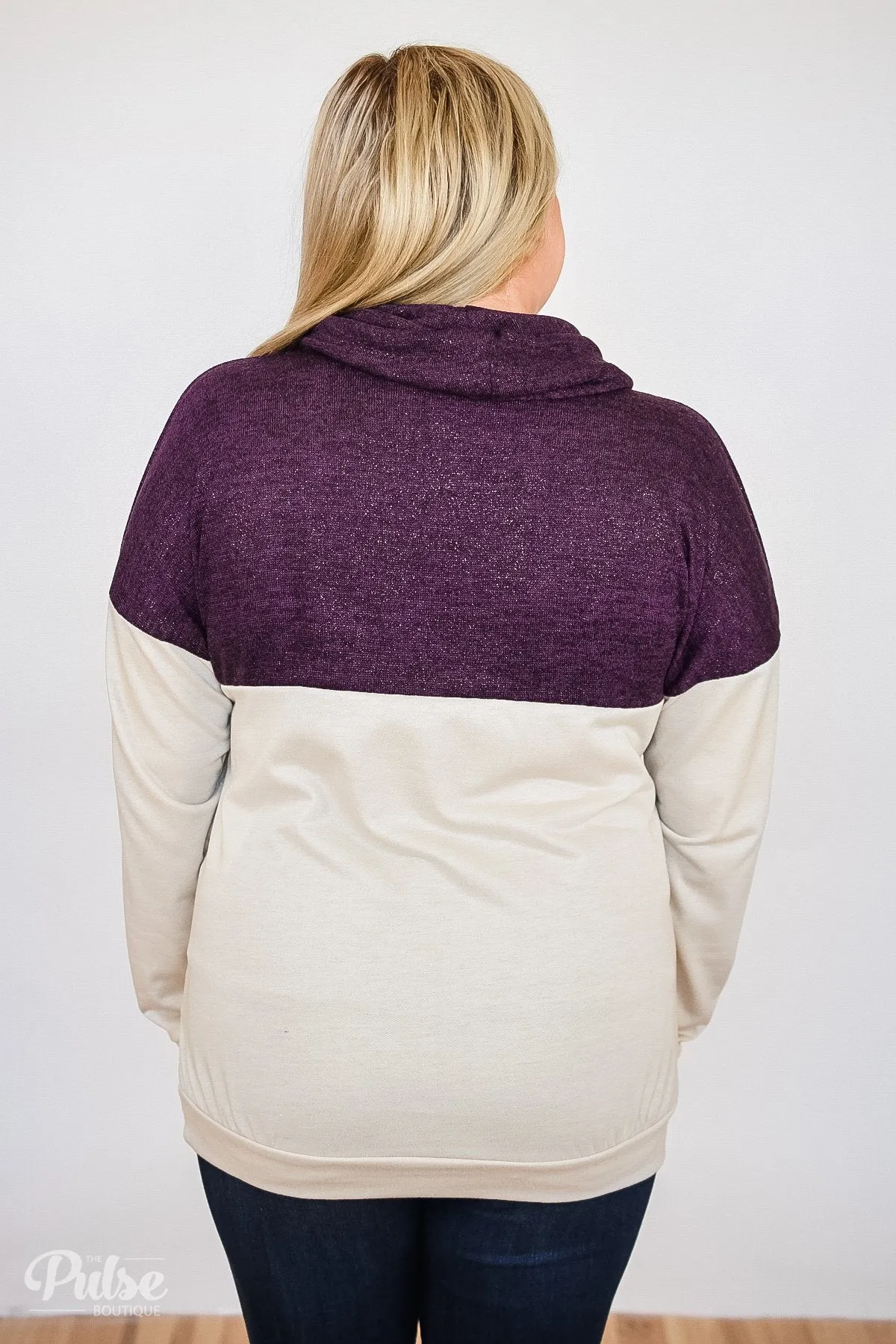 Sparkle Where You Are Cowl Neck Top- Eggplant & Beige