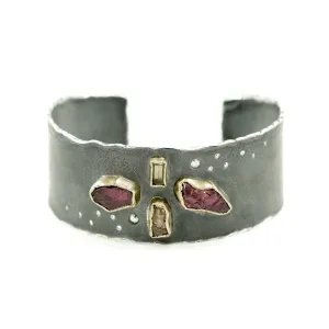 Sterling Silver and Gold Cuff Bracelet with Rough Garnet, Topaz & Diamonds