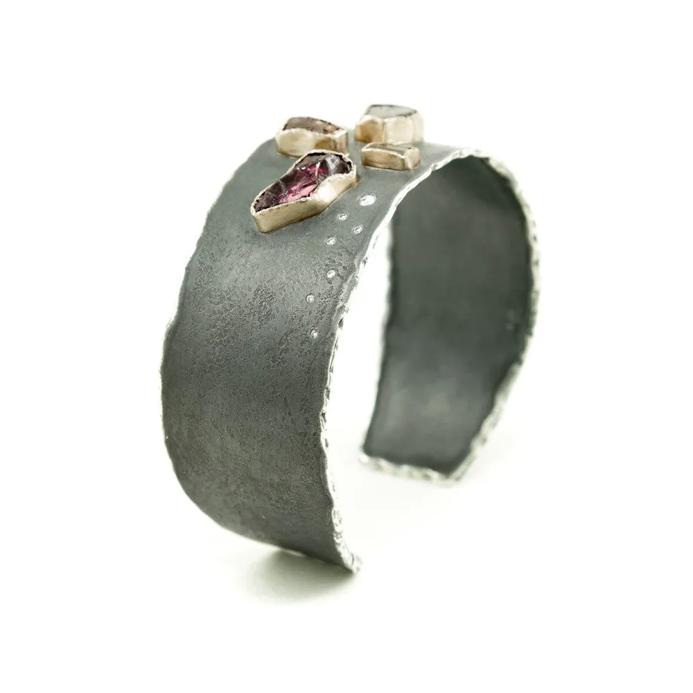 Sterling Silver and Gold Cuff Bracelet with Rough Garnet, Topaz & Diamonds