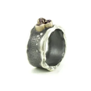 Sterling Silver and Gold Ring with Rough Garnet & Diamonds
