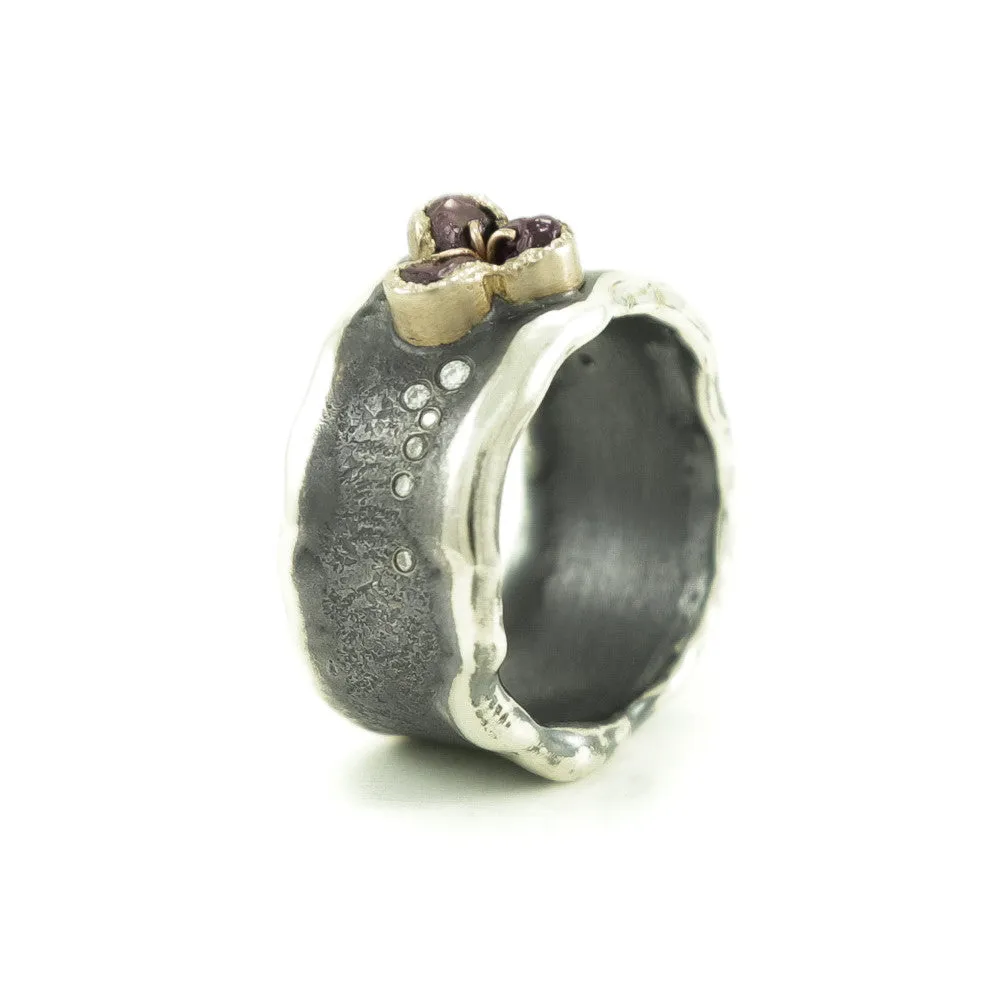 Sterling Silver and Gold Ring with Rough Garnet & Diamonds
