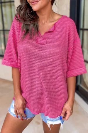 Strawberry Pink Textured Knit Split Neck Cuffed Short Sleeve Top