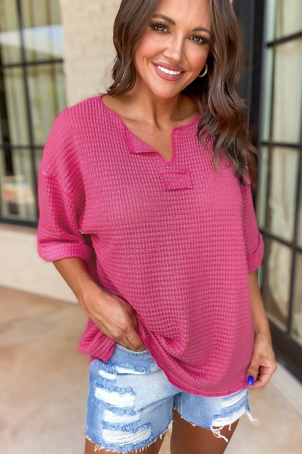 Strawberry Pink Textured Knit Split Neck Cuffed Short Sleeve Top