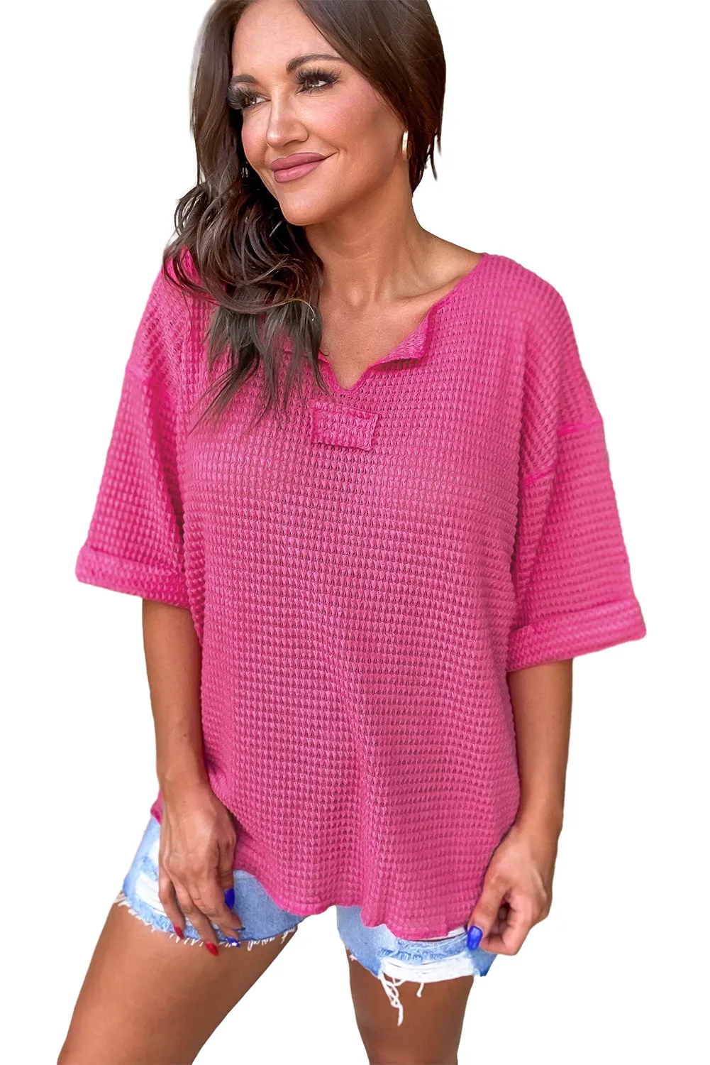 Strawberry Pink Textured Knit Split Neck Cuffed Short Sleeve Top