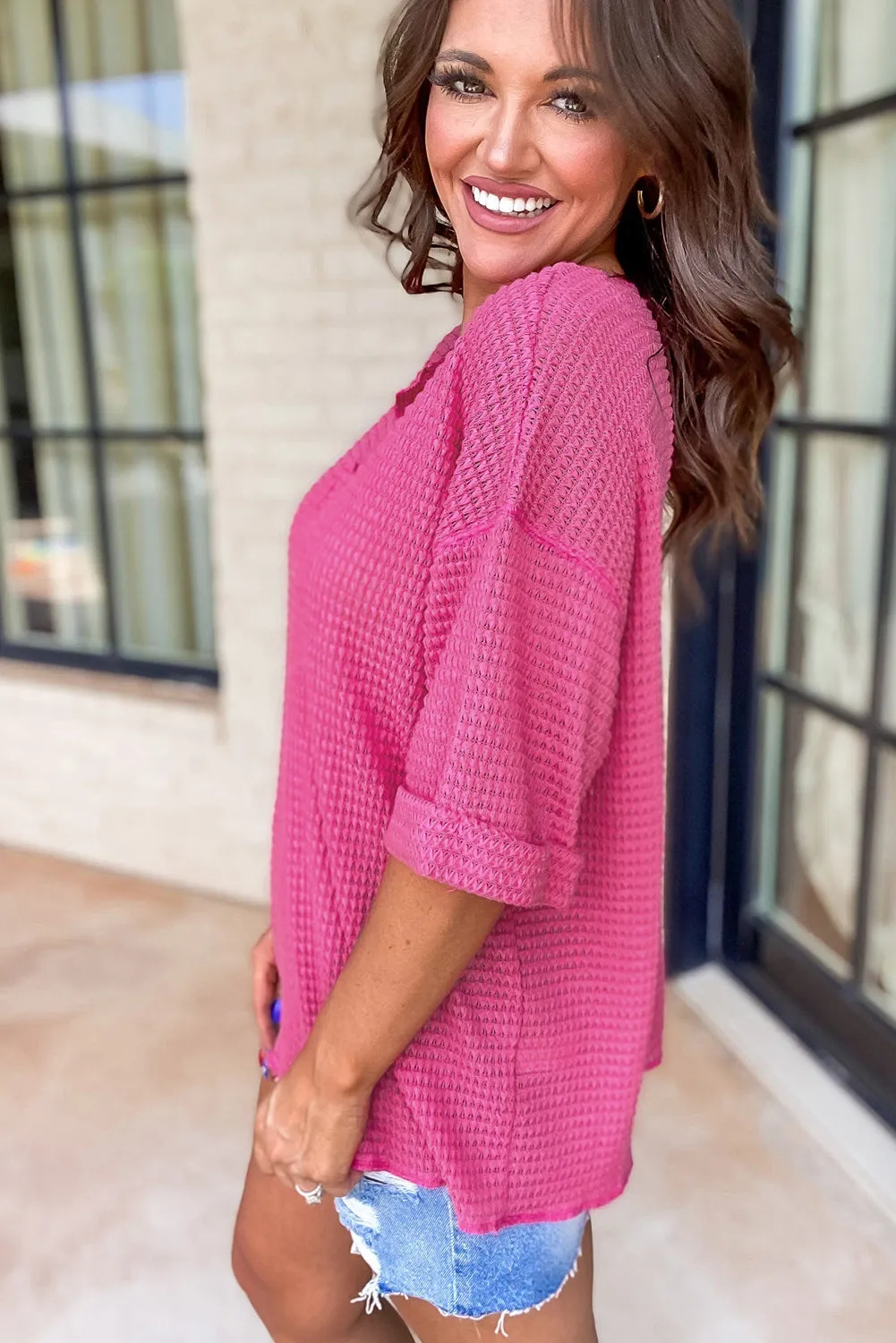 Strawberry Pink Textured Knit Split Neck Cuffed Short Sleeve Top