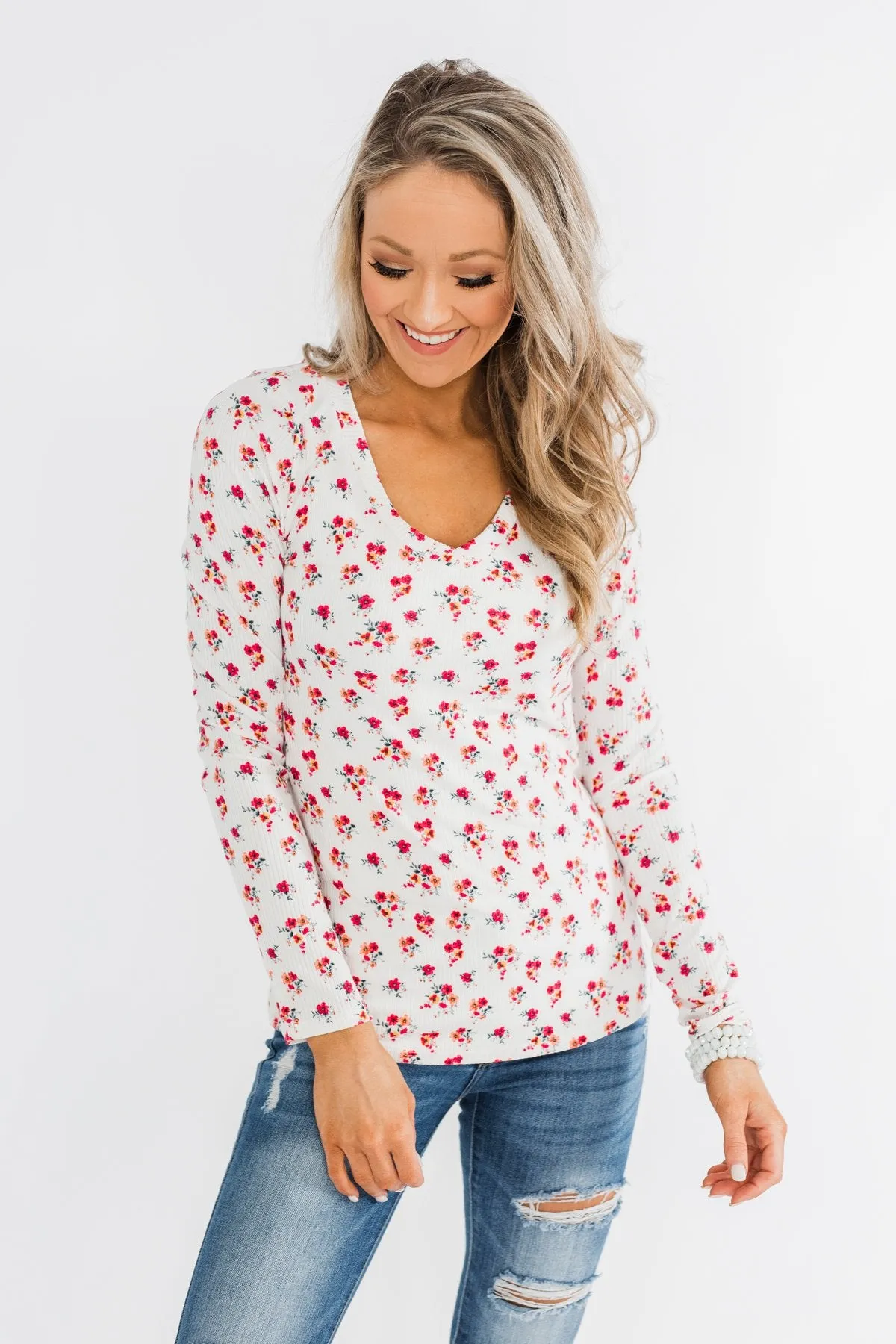 Sudden Bloom Floral V-Neck Top- Ivory