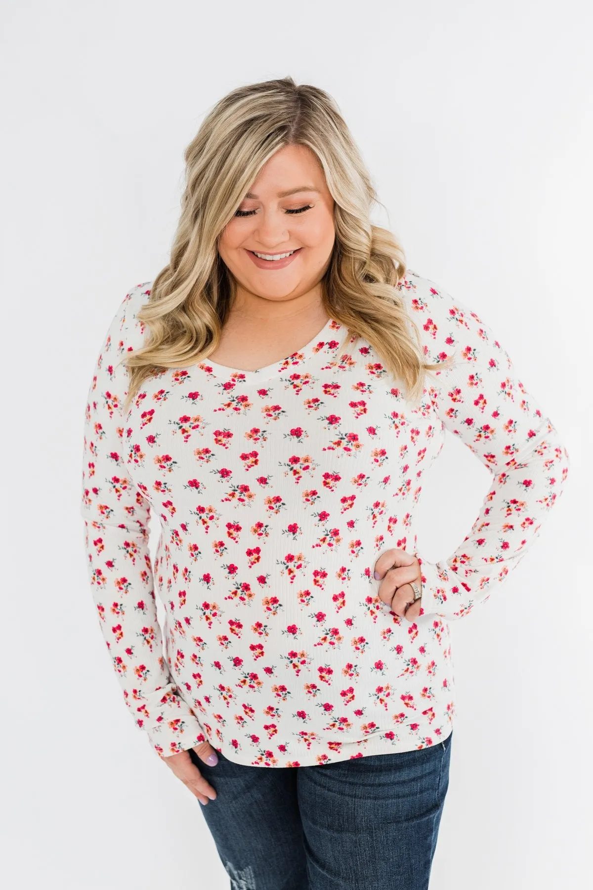 Sudden Bloom Floral V-Neck Top- Ivory