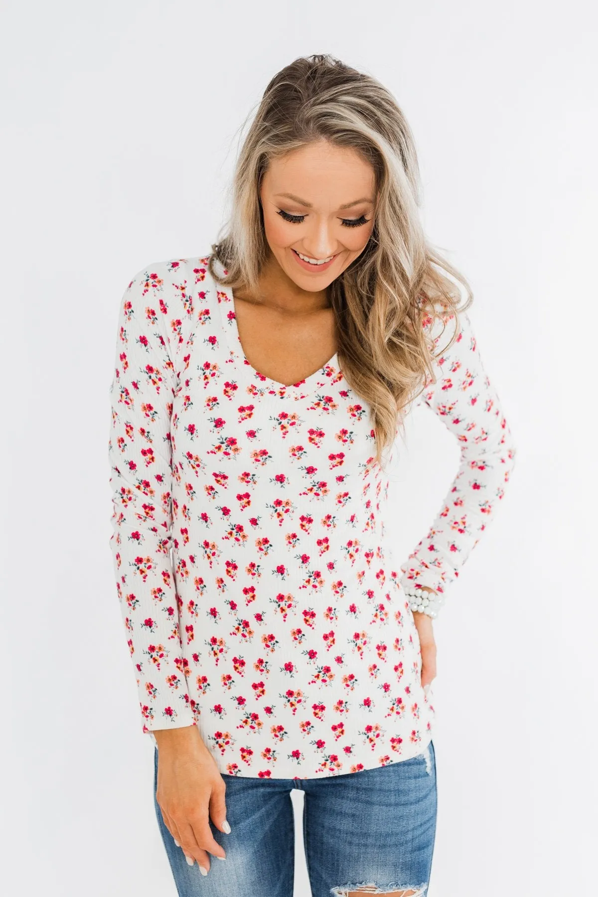 Sudden Bloom Floral V-Neck Top- Ivory