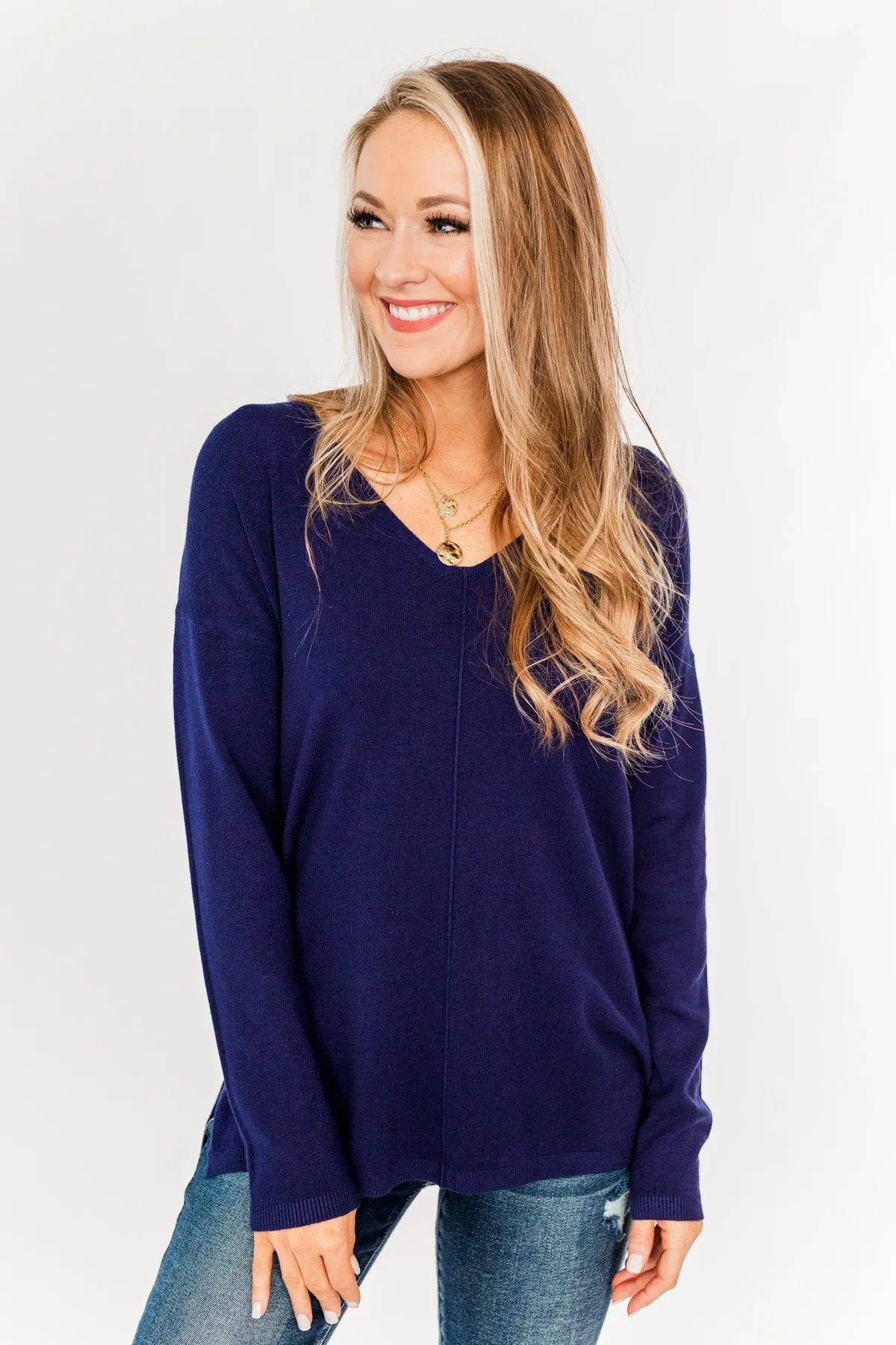 The Best Part V-Neck Sweater- Navy