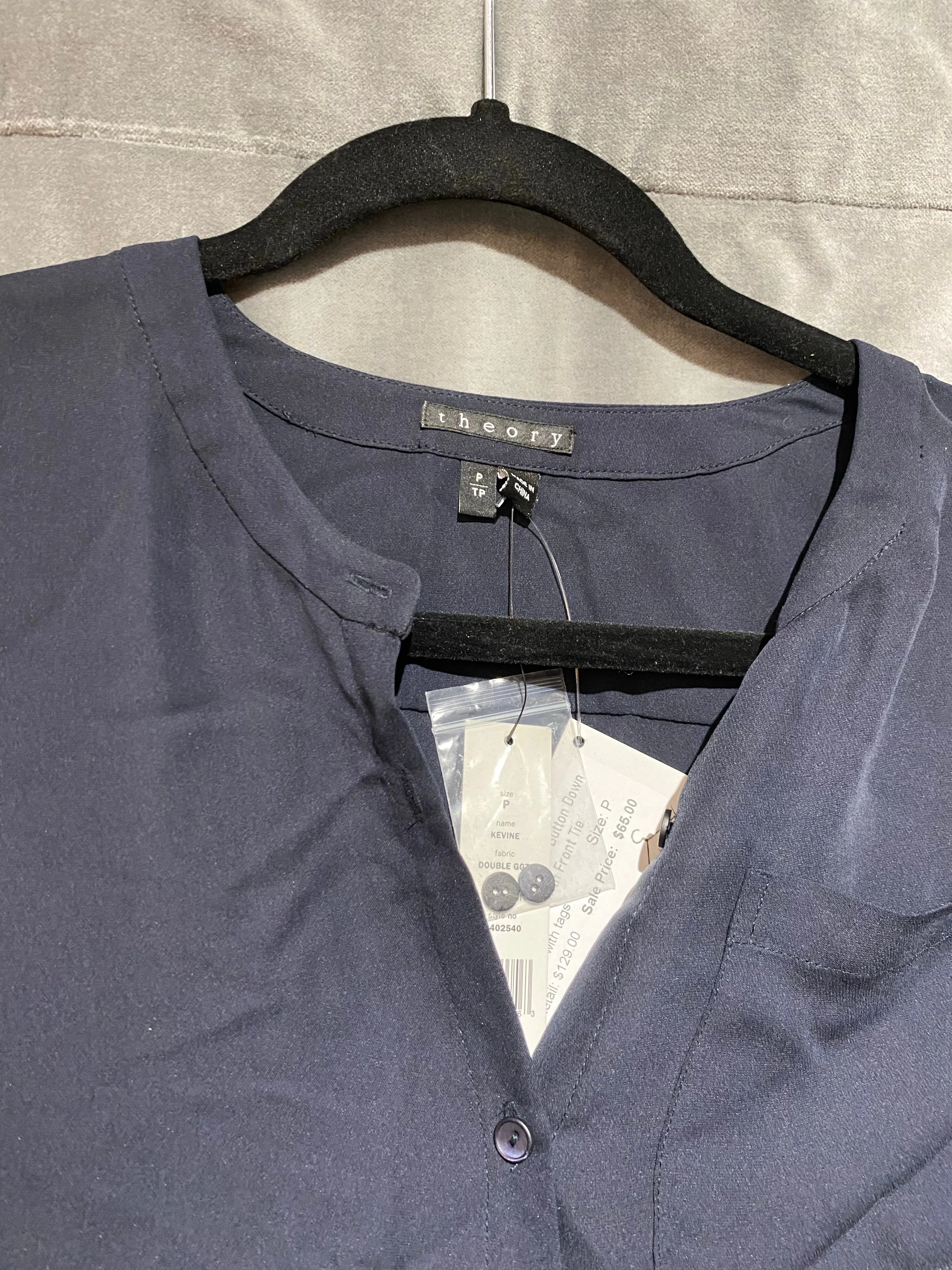 Theory Navy Silk Collarless Button Down Long Sleeve Blouse with Front Tie