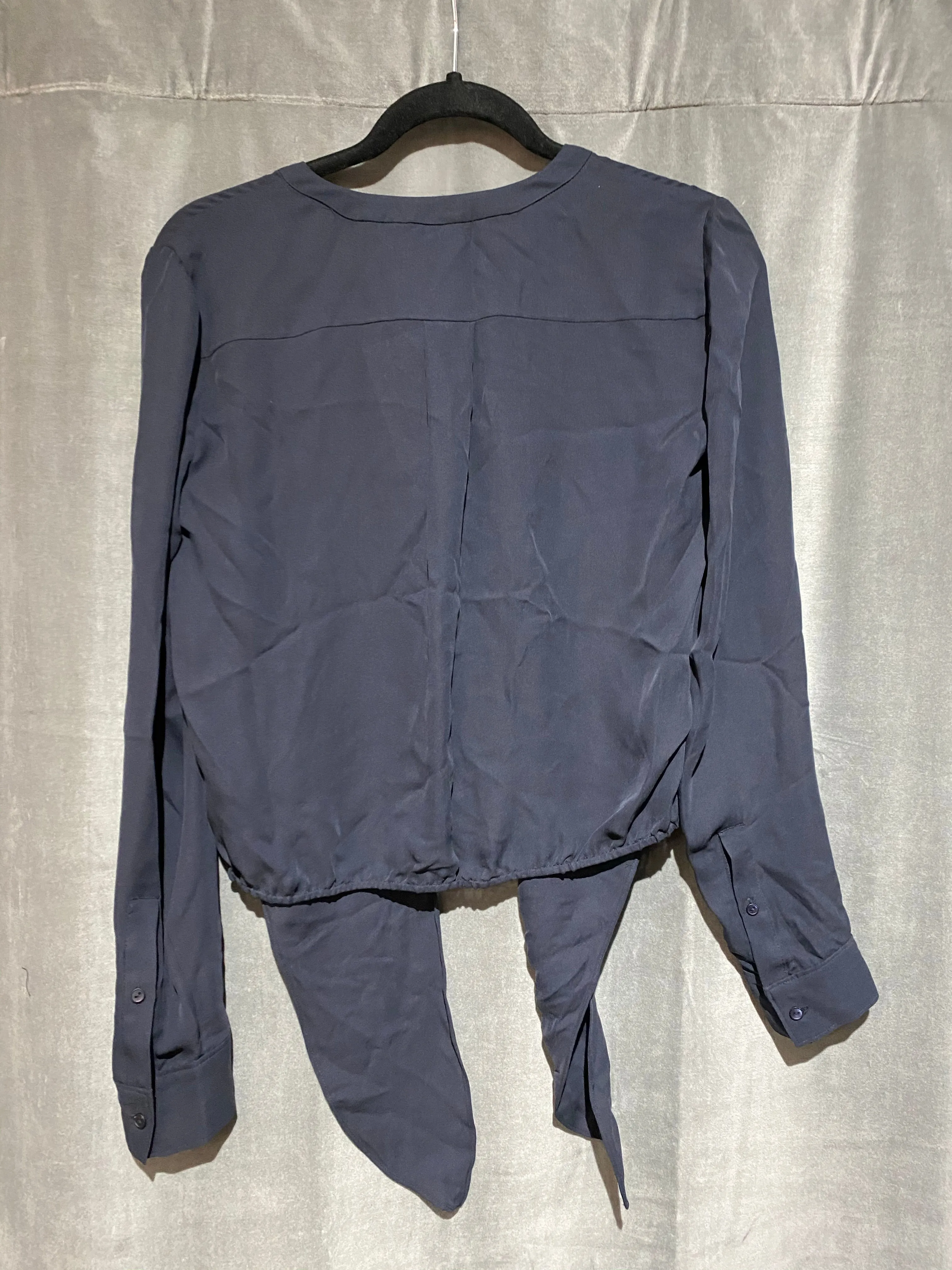Theory Navy Silk Collarless Button Down Long Sleeve Blouse with Front Tie