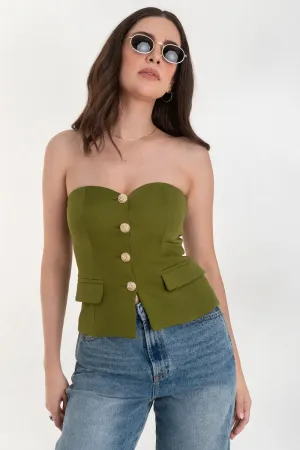 Top strapless escote corazón botones en contraste