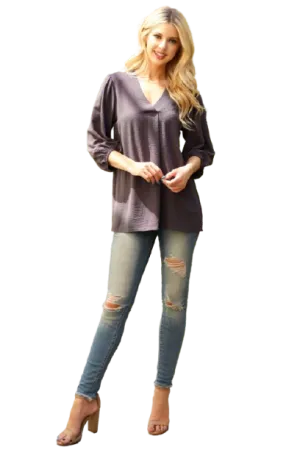 V Neck Band Elastic Tunnel Sleeve Woven Top Gun Metal - Pack of 6