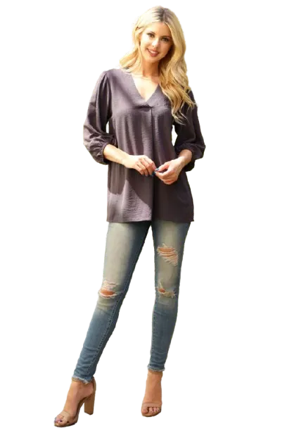 V Neck Band Elastic Tunnel Sleeve Woven Top Gun Metal - Pack of 6