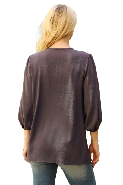 V Neck Band Elastic Tunnel Sleeve Woven Top Gun Metal - Pack of 6