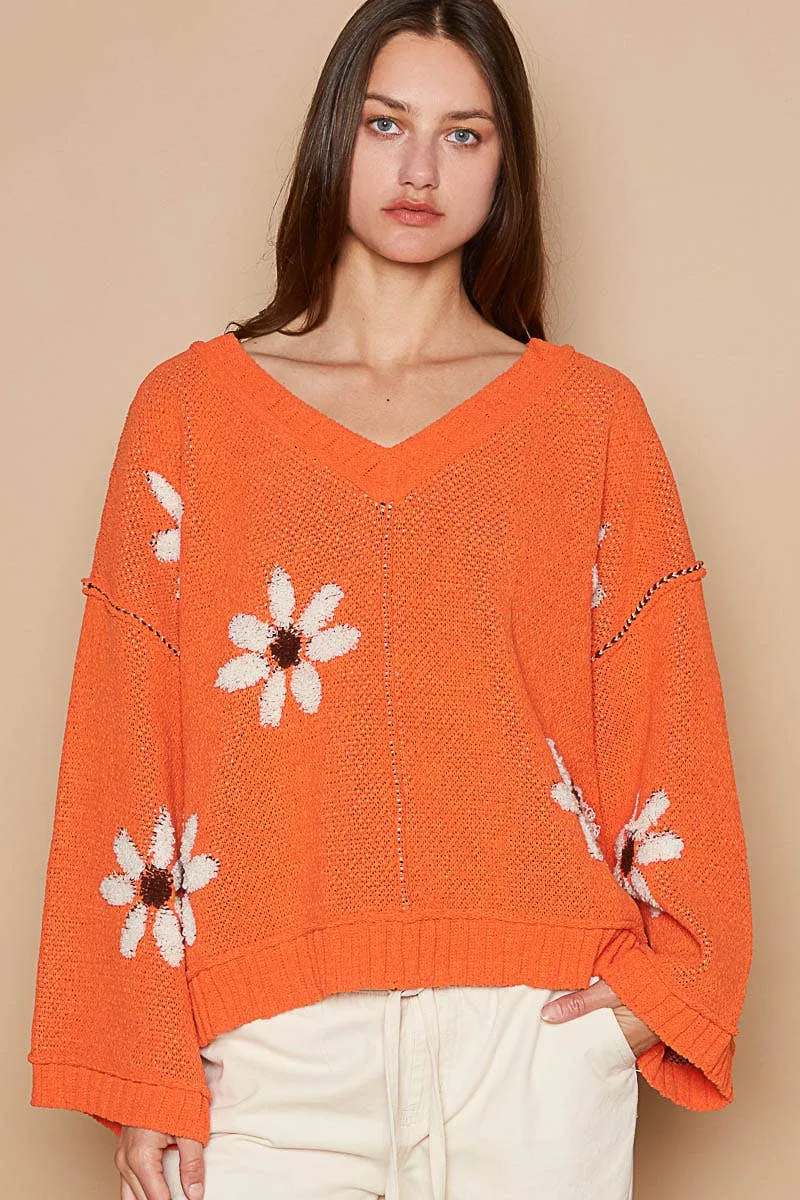 V-neck berber floral pattern chenille pullover sweater: Orange