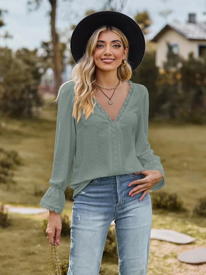 V-Neck Flounce Sleeve Blouse (6 Colors)