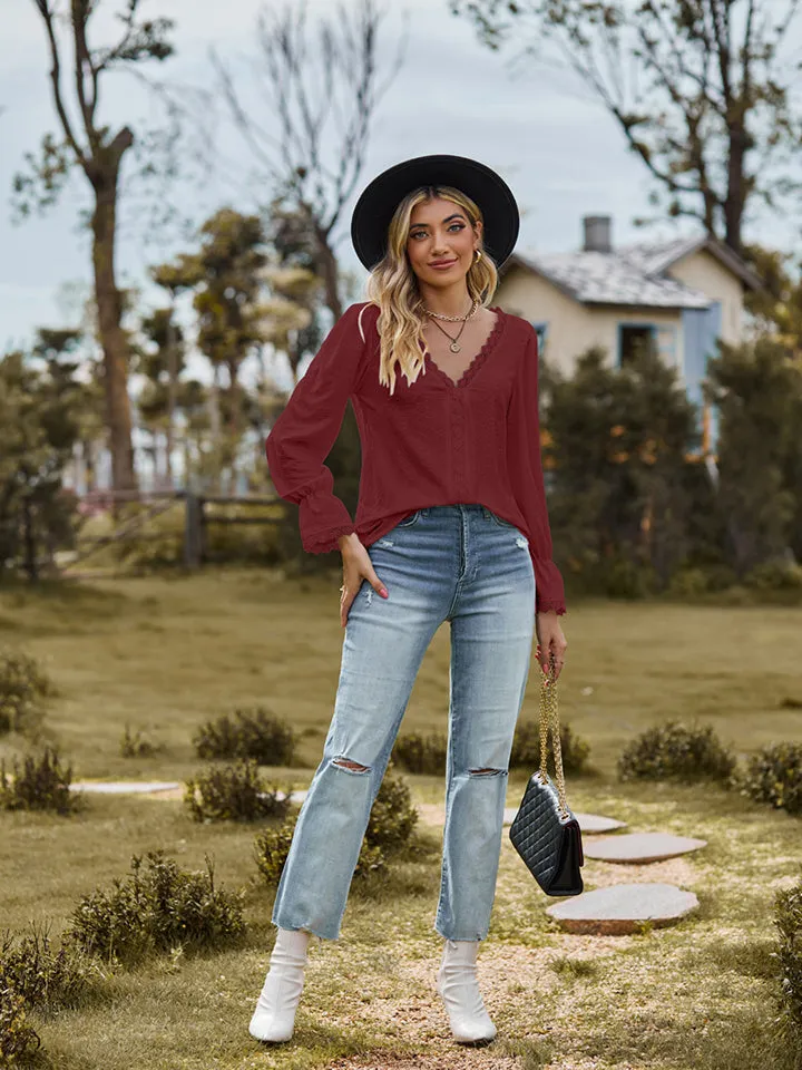 V-Neck Flounce Sleeve Blouse (6 Colors)