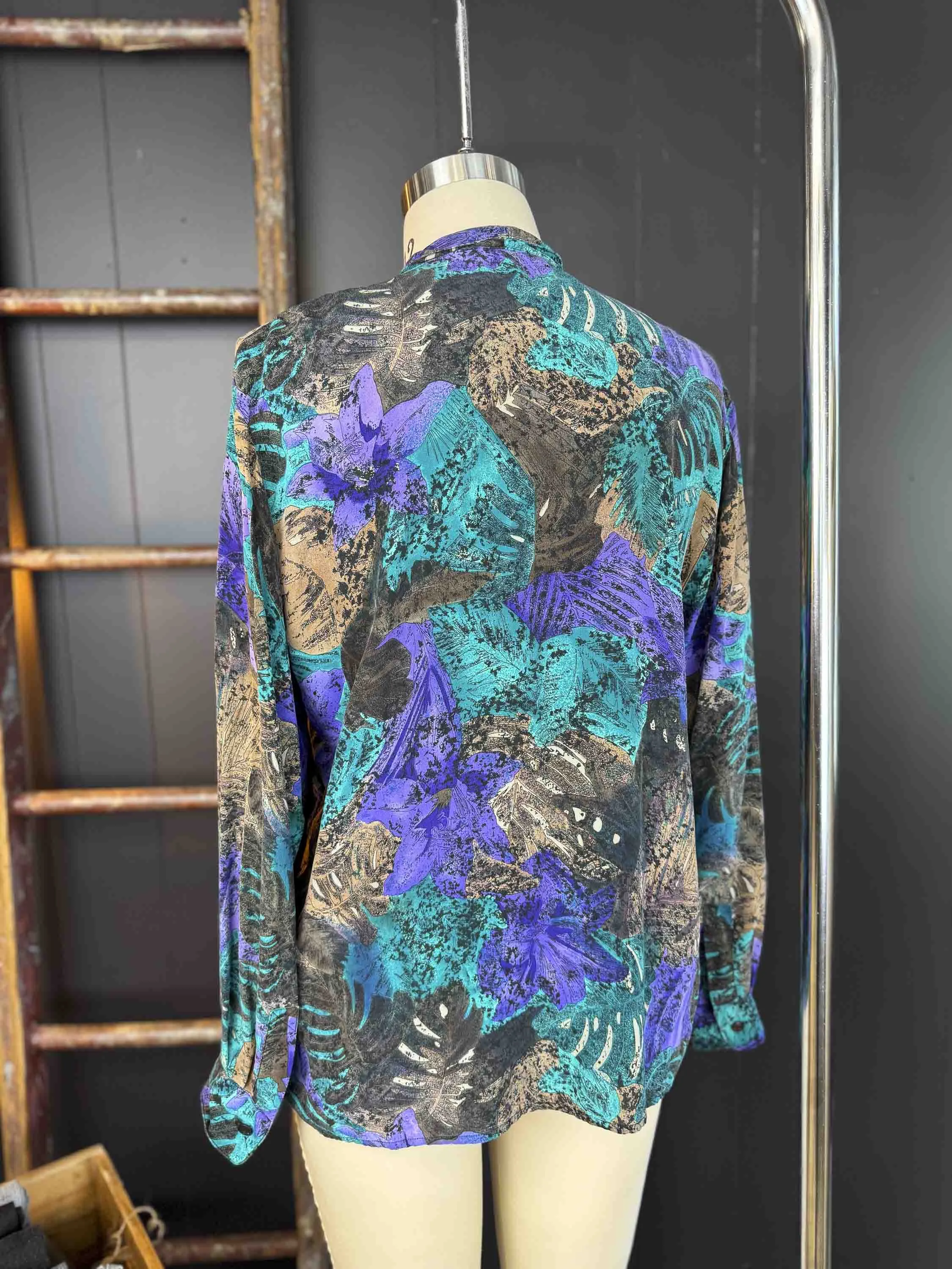 Vintage Tropical Monstera Leaf Silk Blouse - Size L