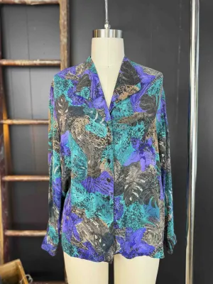 Vintage Tropical Monstera Leaf Silk Blouse - Size L