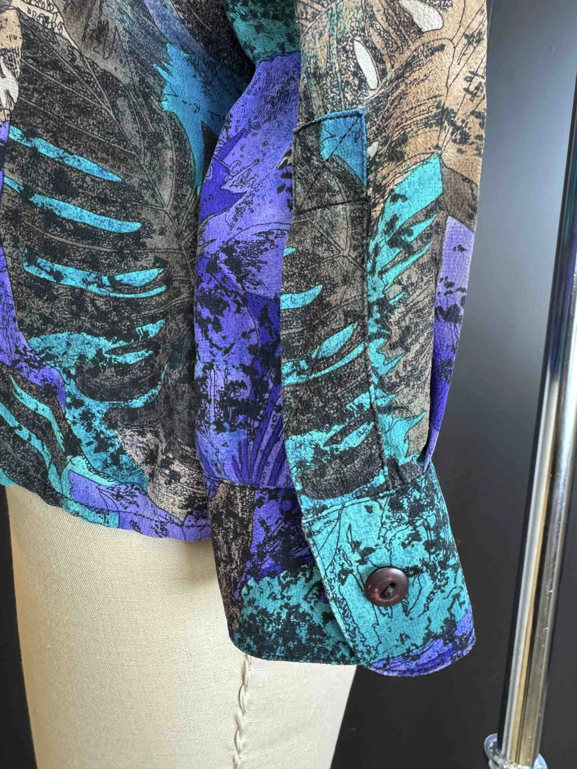 Vintage Tropical Monstera Leaf Silk Blouse - Size L