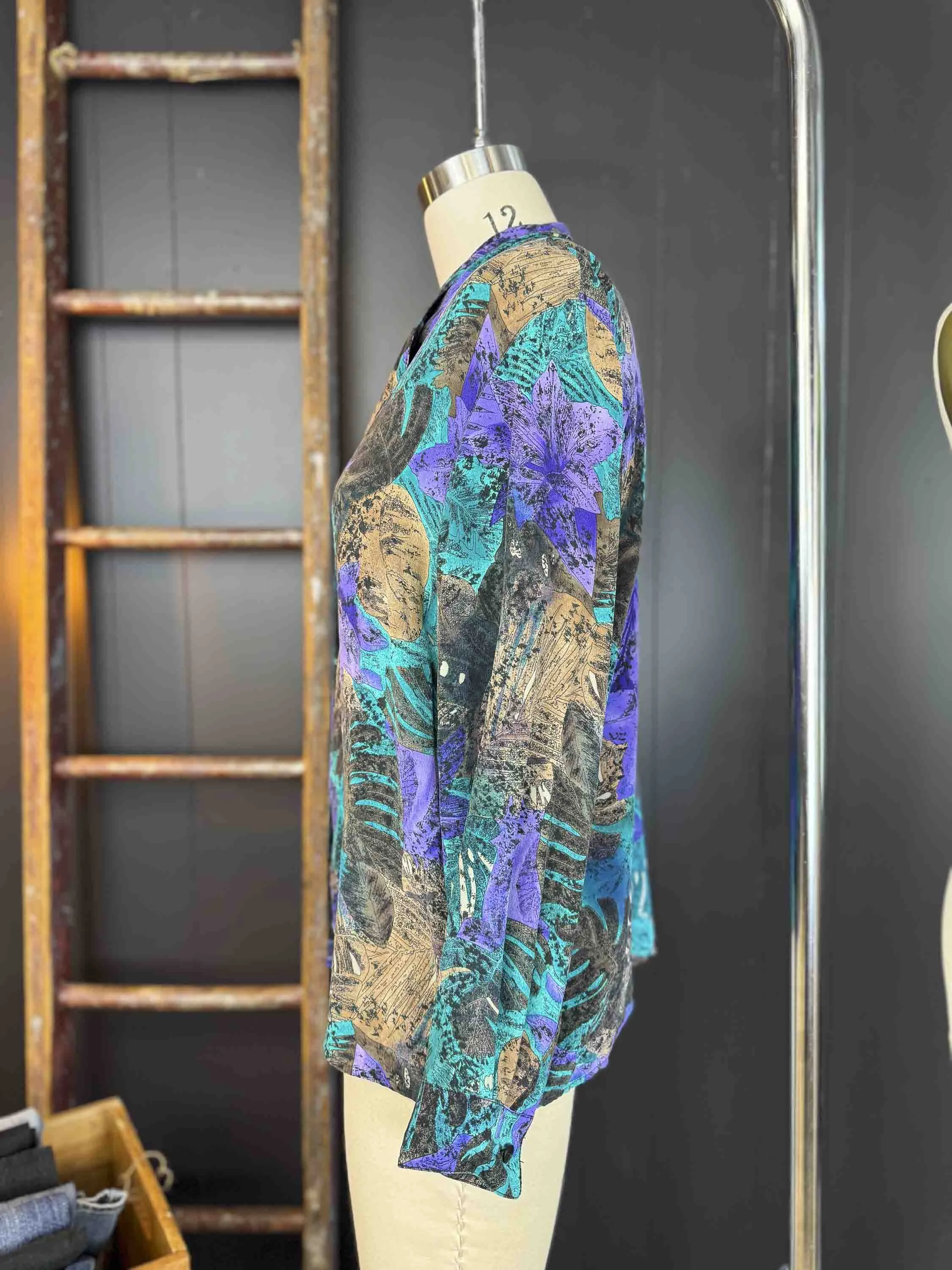 Vintage Tropical Monstera Leaf Silk Blouse - Size L