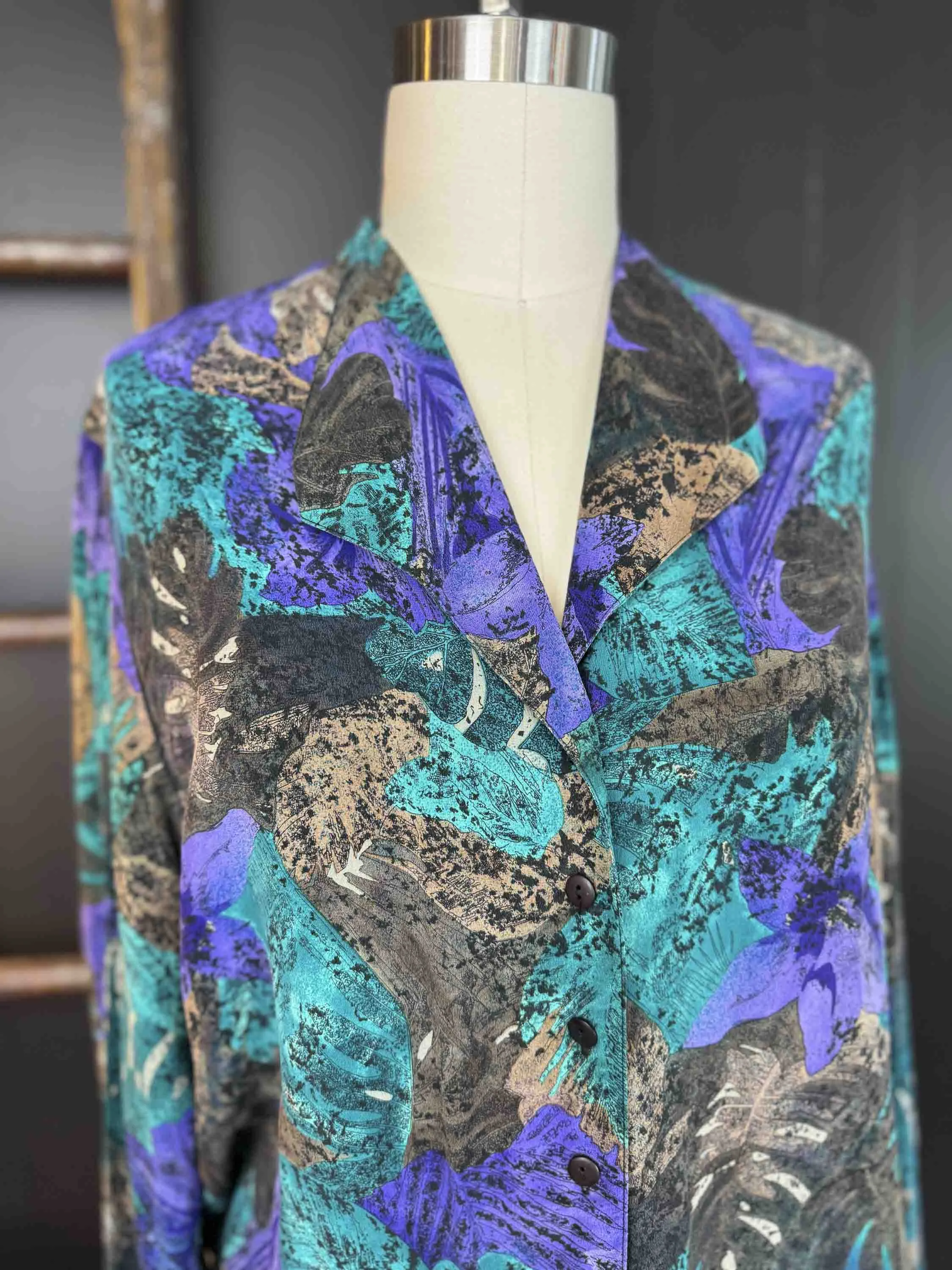 Vintage Tropical Monstera Leaf Silk Blouse - Size L