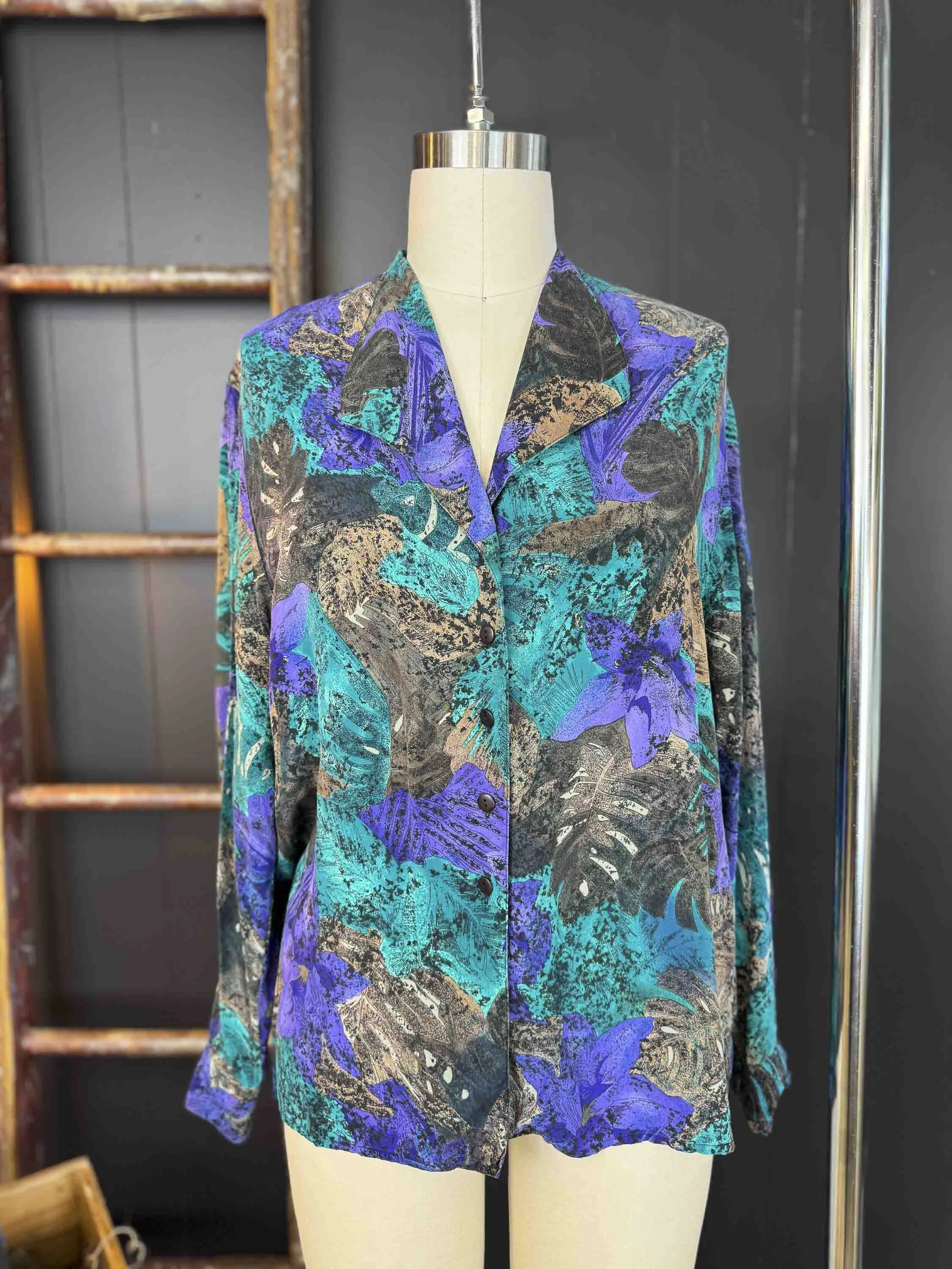 Vintage Tropical Monstera Leaf Silk Blouse - Size L