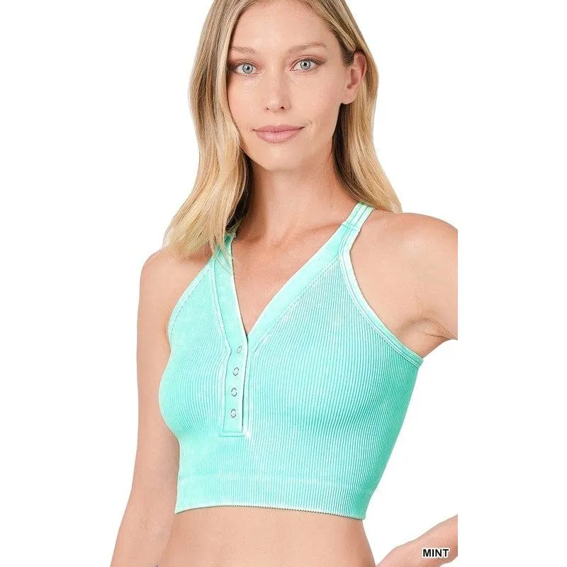 Washed Ribbed Cropped Button V-neck Tank Top