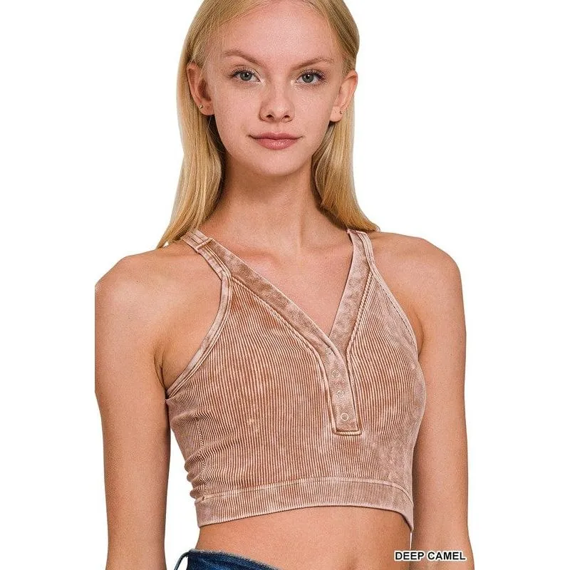 Washed Ribbed Cropped Button V-neck Tank Top