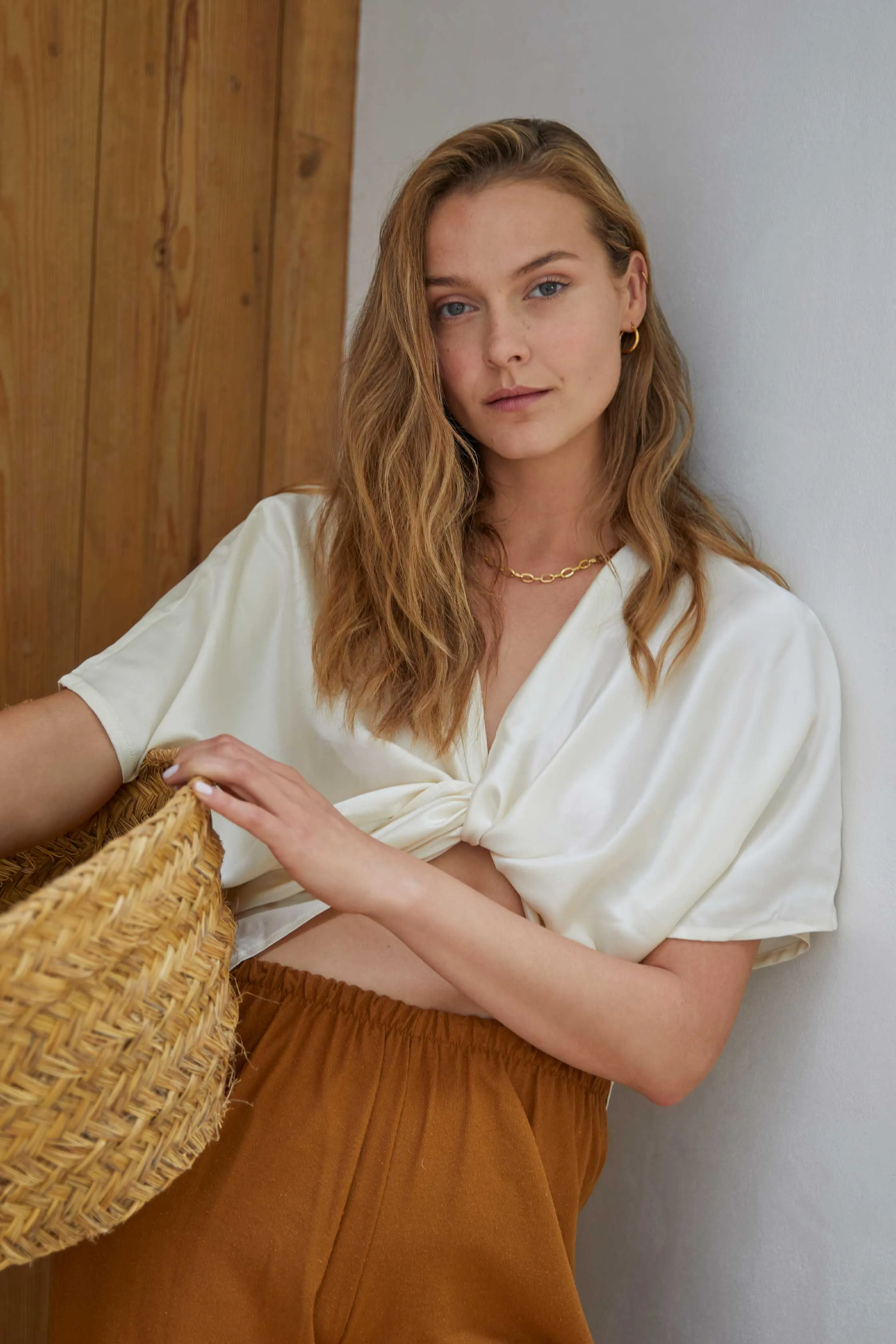 Washed Silk Wrap Blouse In Creme