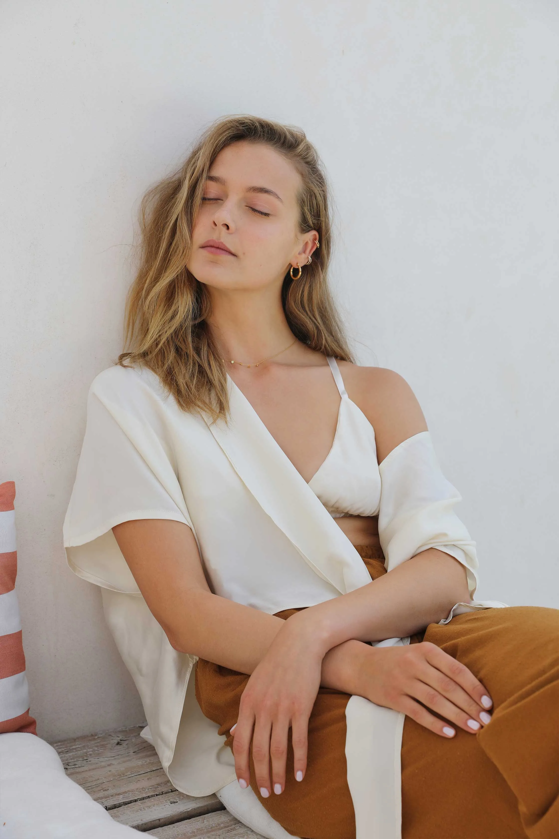 Washed Silk Wrap Blouse In Creme