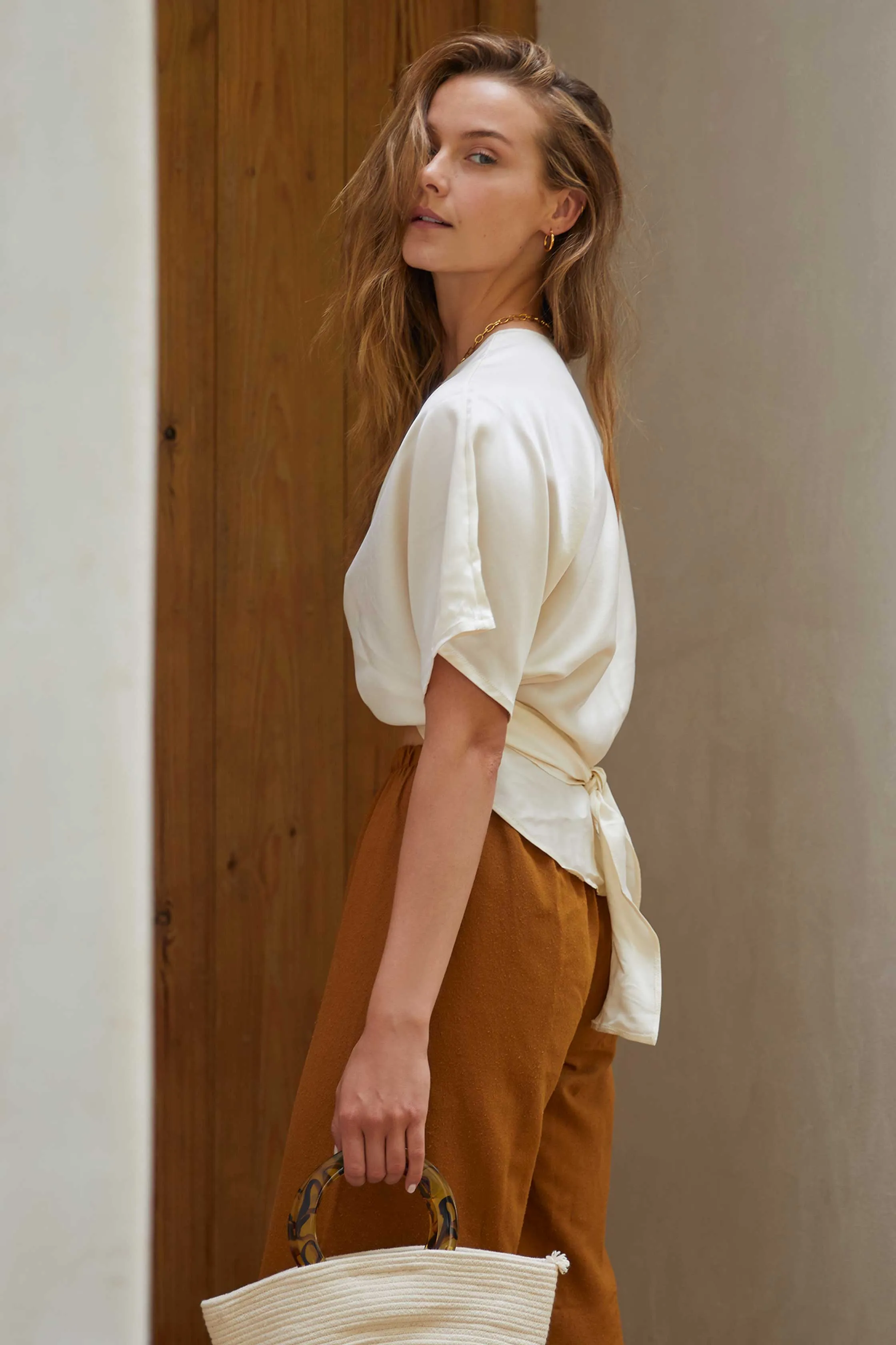 Washed Silk Wrap Blouse In Creme